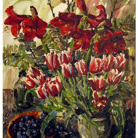 Amaryllis mit Tulpen Öl, 1982